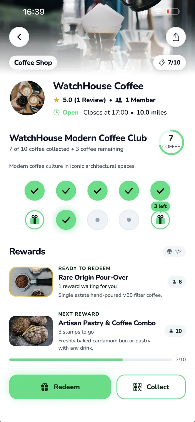 A venue’s page in RayPass: seven of ten stamps collected, with the rewards below