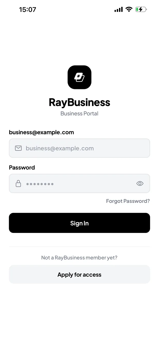 The RayPass for Business sign-in screen